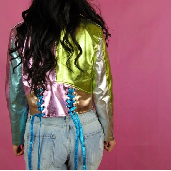 Dolls Kill Sugar Thrillz metallic moto jacket size small NWT - Picture 3 of 8